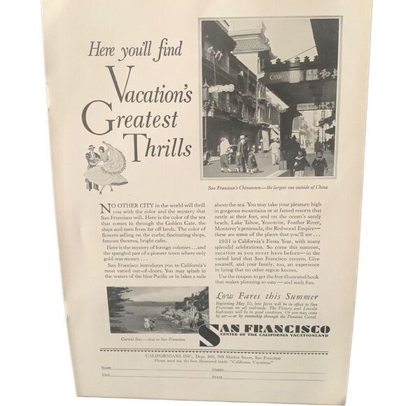 Vintage 1931 San Francisco Greatest Thrills Ad Advertisement - Picture 2 of 4